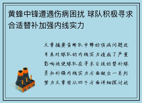 黄蜂中锋遭遇伤病困扰 球队积极寻求合适替补加强内线实力