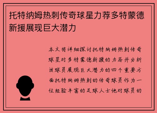 托特纳姆热刺传奇球星力荐多特蒙德新援展现巨大潜力
