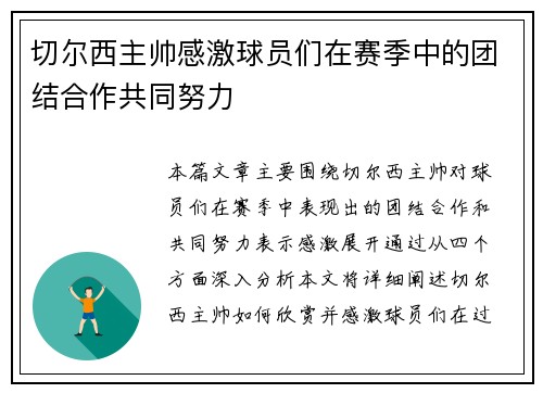 切尔西主帅感激球员们在赛季中的团结合作共同努力