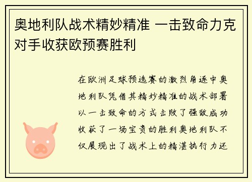 奥地利队战术精妙精准 一击致命力克对手收获欧预赛胜利