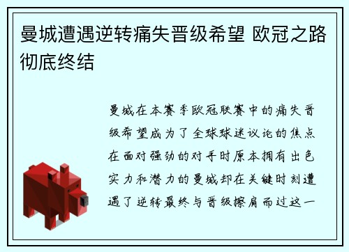 曼城遭遇逆转痛失晋级希望 欧冠之路彻底终结