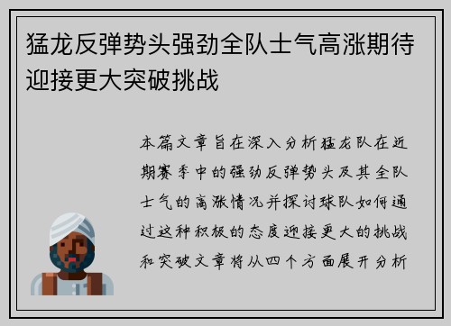 猛龙反弹势头强劲全队士气高涨期待迎接更大突破挑战